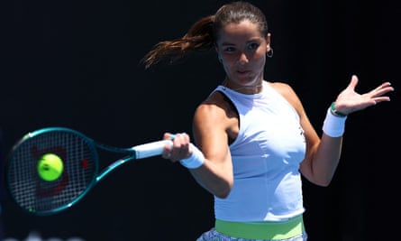 Jodie Burrage lost the final seven games as she struggled with high winds at Melbourne Park.