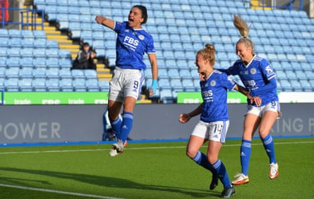 Jess Sigsworth jumps for joy after scoring for Leicester against Manchester City