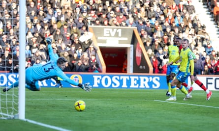 Bournemouth's Jaidon Anthony watches on as his shot beats Wayne Hennessey in the Nottingham Forest goal.