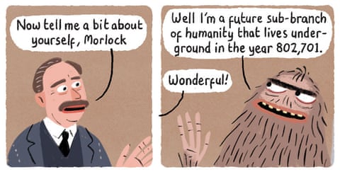 A series of Stephen Collins cartoon images about HG Wells and a Morlock , panel 2