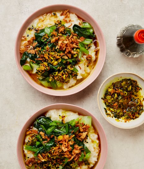 Yotam Ottolenghi's rice porridge with garlicky choi sum and turmeric oil.