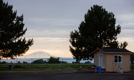 Mount Adams glows in the distance behind the Yakama Nation RV encampment in Toppenish, Washington.
