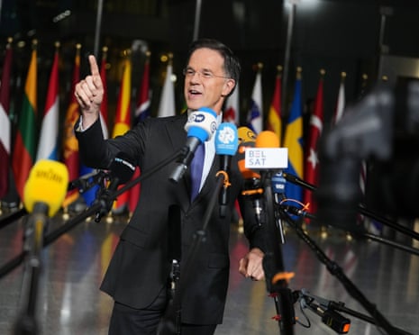 Nato Secretary General Mark Rutte speaks with the media as he arrives for a meeting of Nato foreign ministers at Nato headquarters in Brussels.