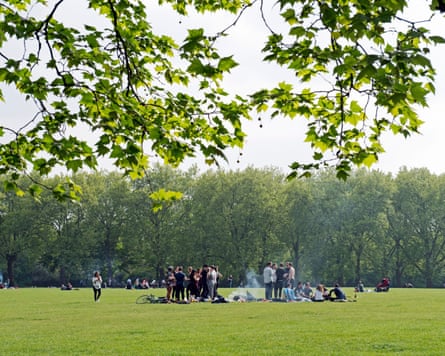 Group of people around barbecue in a park
