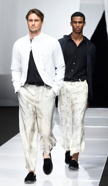 Relaxed silky separates were paired with suede loafers and minimal accessories at Armani.
