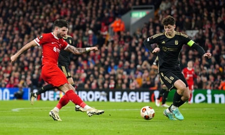 Dominik Szoboszlai scores Liverpool’s fifth goal during the Europa League match against Sparta Prague.