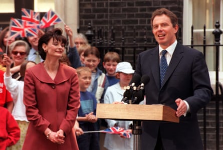 Tony Blair addresses the nation for the first time as prime minister alongside his wife Cherie.