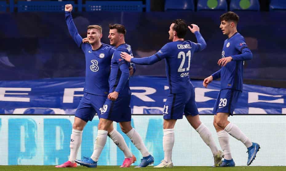 Timo Werner celebrates his goal against Real Madrid with Mason Mount, Kai Havertz and Ben Chilwell.