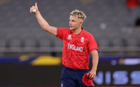 England bowler Sam Curran gives thumbs up after taking his 5th wicket, dismissing Afghanistan batsman Fazalhaq Farooqi.