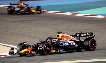 Max Verstappen takes a turn at the Bahrain Grand Prix