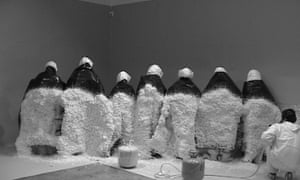 … work in progress on Santiago Sierra’s Polyurethane Spread on the Backs of 10 Workers at the Lisson Gallery, London, in 2004.