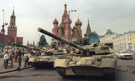 Soviet Army tanks parked in Moscow’s Red Square after a coup toppled Soviet President Mikhail Gorbachev, 19 August 1991.