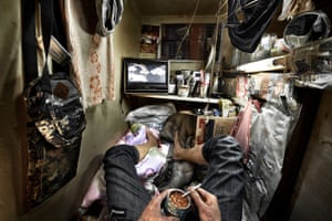 Coffin cubicles, cage homes, in Hong Kong.