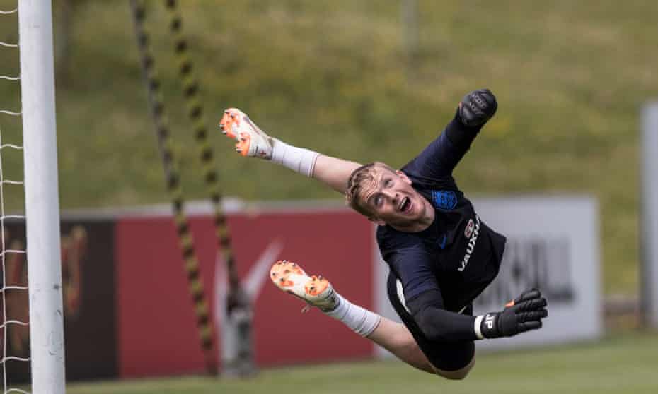 Jordan Pickford makes a save during training with the England squad at St George’s Park.