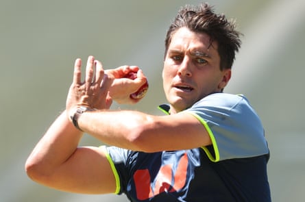 Pat Cummins bowls successful nan nets during an Australia nets convention astatine Perth Stadium.
