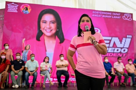 Leni Robredo speaks during a campaign rally in Quezon City in February.