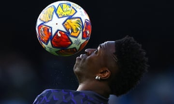 Real Madrid's Vinicius Junior eyes the ball during the warm up before the Champions League quarter-final second leg match between Manchester City and Real Madrid.
