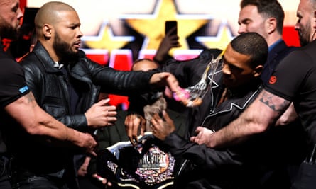 Chris Eubank Jr hits Conor Benn with an egg during a press conference for their middleweight match
