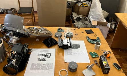 Iranian drones dismantled on a table in Kyiv.