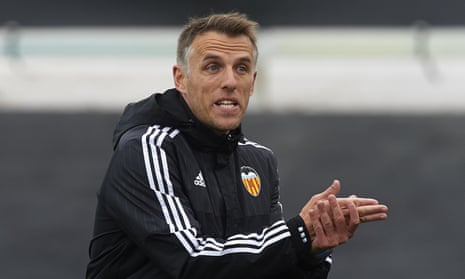 Phil Neville, pictured while working at Valencia, faces immediate scrutiny over tweets he appears to have sent from his Twitter account.