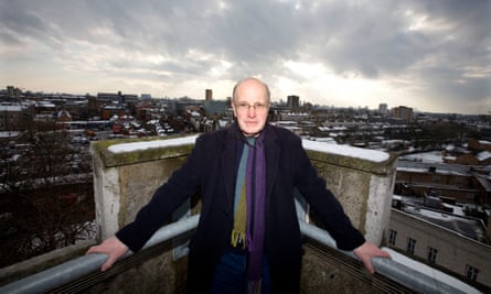 Iain Sinclair photographed at St Augustine’s Tower, Mare Street, Hackney, London