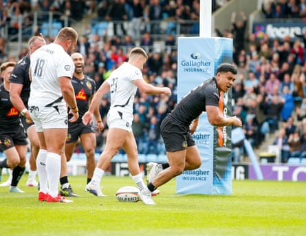 Len Ikitau crosses the line for a try during Exeter’s home win