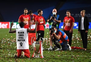 The phrase ‘Black Lives Still Matter’ is seen on the back of David Alaba of FC Bayern Munich’s shirt as he celebrates following his team’s victory in the Champions League final in Lisbon, Portugal, on 23 August