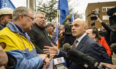 The UK’s business secretary, Sajid Javid, visits the Tata steel plant in Port Talbot, Wales, on Friday