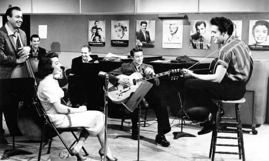 Moore, second from right, with Elvis Presley on the set of Jailhouse Rock.
