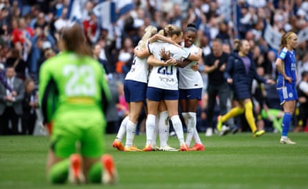 Tottenham players celebrate at the final whistle after beating Leicester 2-1 in the FA Cup semi-finals
