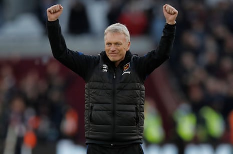 There’s a big grin across the face of David Moyes as he acknowledges the fans after West Ham’s victory.