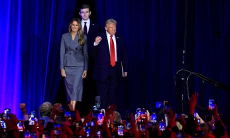 Republican presidential candidate Donald J. Trump, joined by his wife Melania Trump and their son Barron Trump, arrives on stage to address supporters at the Election Night watch party in the West Palm Beach Convention Center in West Palm Beach, Florida, USA, on 06 November 2024.