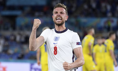 Jordan Henderson reacts to scoring England’s fourth in the quarter-final against Ukraine, his first goal for his country.