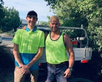 Jack Larkin, one-time landscaper, now journalist, with his brother in 2020.