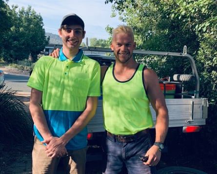 Jack Larkin, one-time landscaper, now journalist, with his brother in 2020 - logos blurred