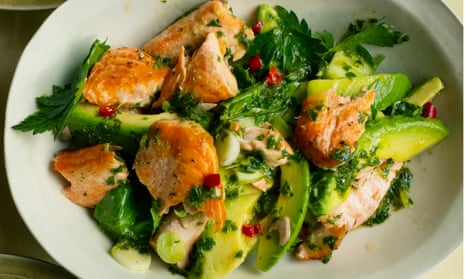 ‘Lovely contrasts of texture’: grilled salmon with avocado and herb lime dressing.