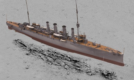 A 3D scan of HMS Falmouth by Historic England’s imaging team superimposed on a survey of the wreck.