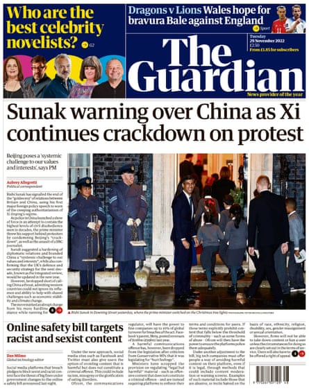 Guardian front page, 29 November 2022