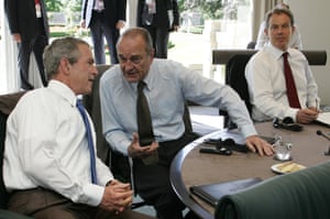 Jacques Chirac speaks with George W. Bush and Tony Blair, right, looks on during the G8 summit in 2005.