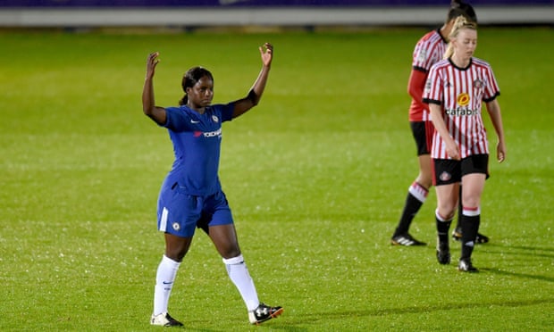 Eni Aluko celebrates after scoring for Chelsea against Sunderland in her final home game for the club.