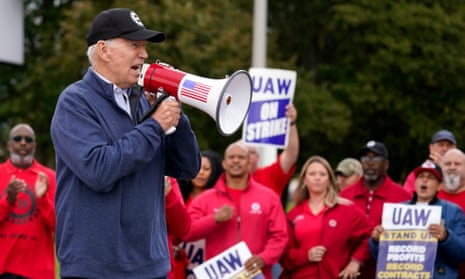 Joe Biden addressed striking UAW workers through a bullhorn.
