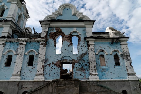 A view of the destroyed Church of the Holy Mother in village of Bohorodychne in Donetsk region.