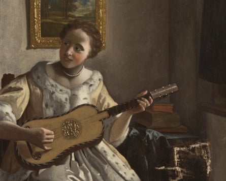 Oil painting of woman playing a guitar