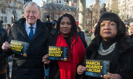 The Streatham MP, Bell Ribeiro-Addy (centre), and Diane Abbott (right) with Lord Dubs in Parliament Square in January 2020 promoting the March Against Racism.