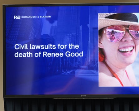 TV screen announcing âÂÂcivil lawsuits for the death of Renee Goodâ alongside a picture of her