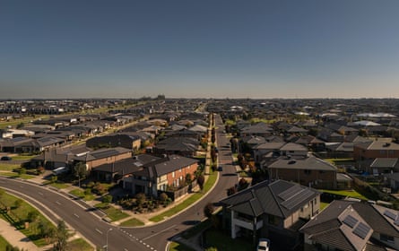 A general aerial view of a recently built housing estate in outer Melbourne