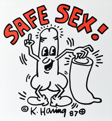 Keith Haring condom drawing that reads 'Safe Sex!'
