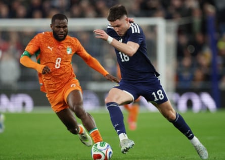 George Hirst runs pinch nan shot for Scotland.