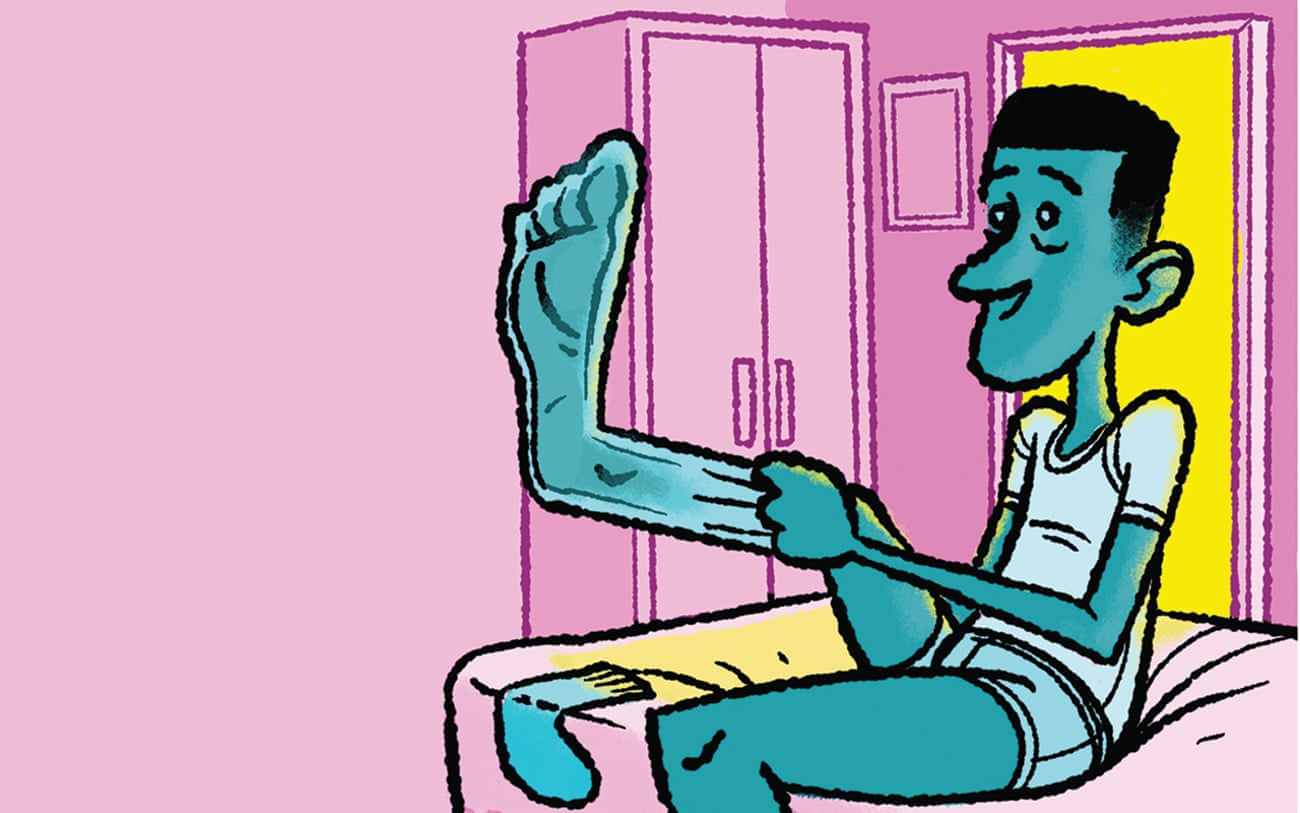 Illustration of a man pulling on a see-through sock