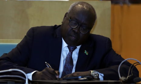 South Sudan's foreign affairs minister, Barnaba Marial Benjamin, signing the ceasefire.